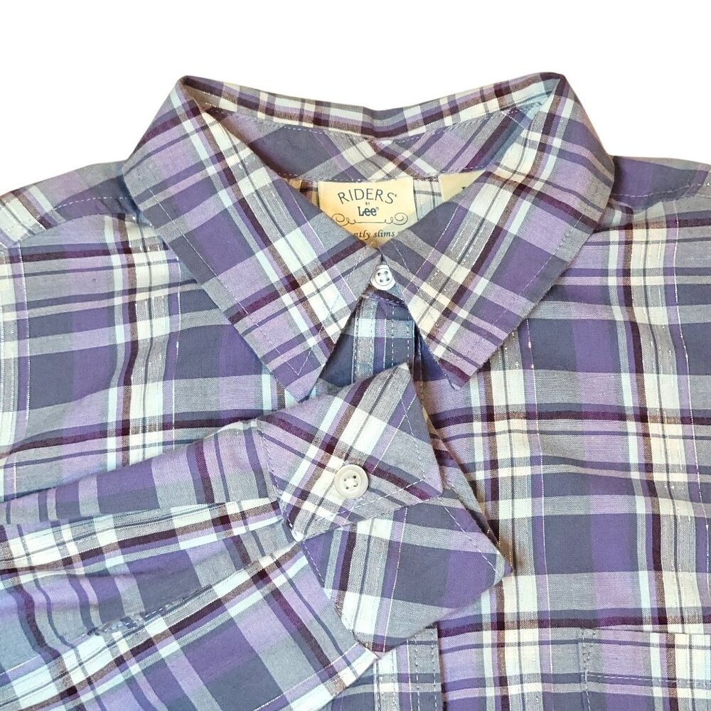 Riders By Lee Womens Purple Plaid Button-Up Shirt L Cowgirl Long Sleeve Cotton B
